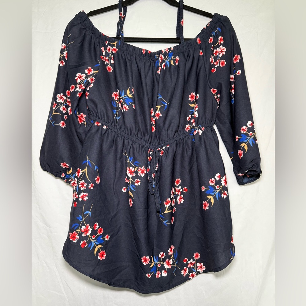 Hint of Blush Navy Floral Off Shoulder‎ Smocked Waist 3/4 Sleeve Blouse M